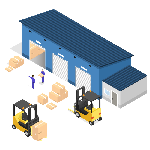 倉庫の前にトラックが停まっている様子